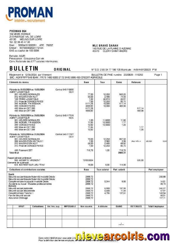 Proman recrutement payslip (in French language)